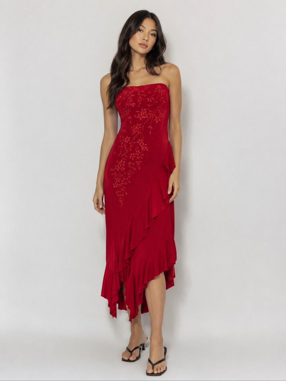 Y2K Vintage Tube Dress Midi Red Ruffles Small Latina Baddie Ethereal Asymmetric